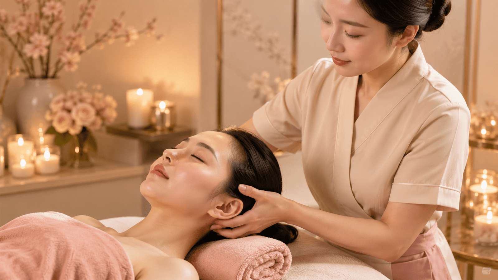 專業美療師溫柔撥按女性後腦勺，釋放顱內壓力的療癒畫面